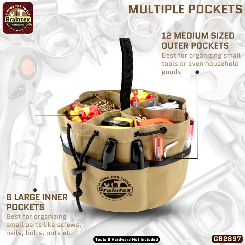 Graintex 18 Pockets Grab Bag Rip-stop Canvas Drawstring Closure, Small Part Organizer Pouch, Small Tools, Screws, Parts, Parachute Tool Bag for Efficient Storage - Khaki - Image 3